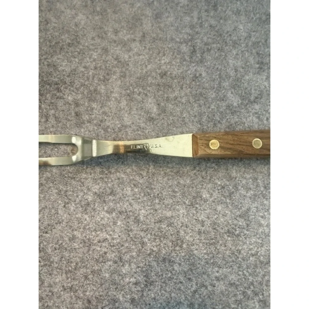 Vintage Flint Meat Carving Fork 10.75in Brown Excellent Wood Handle USA